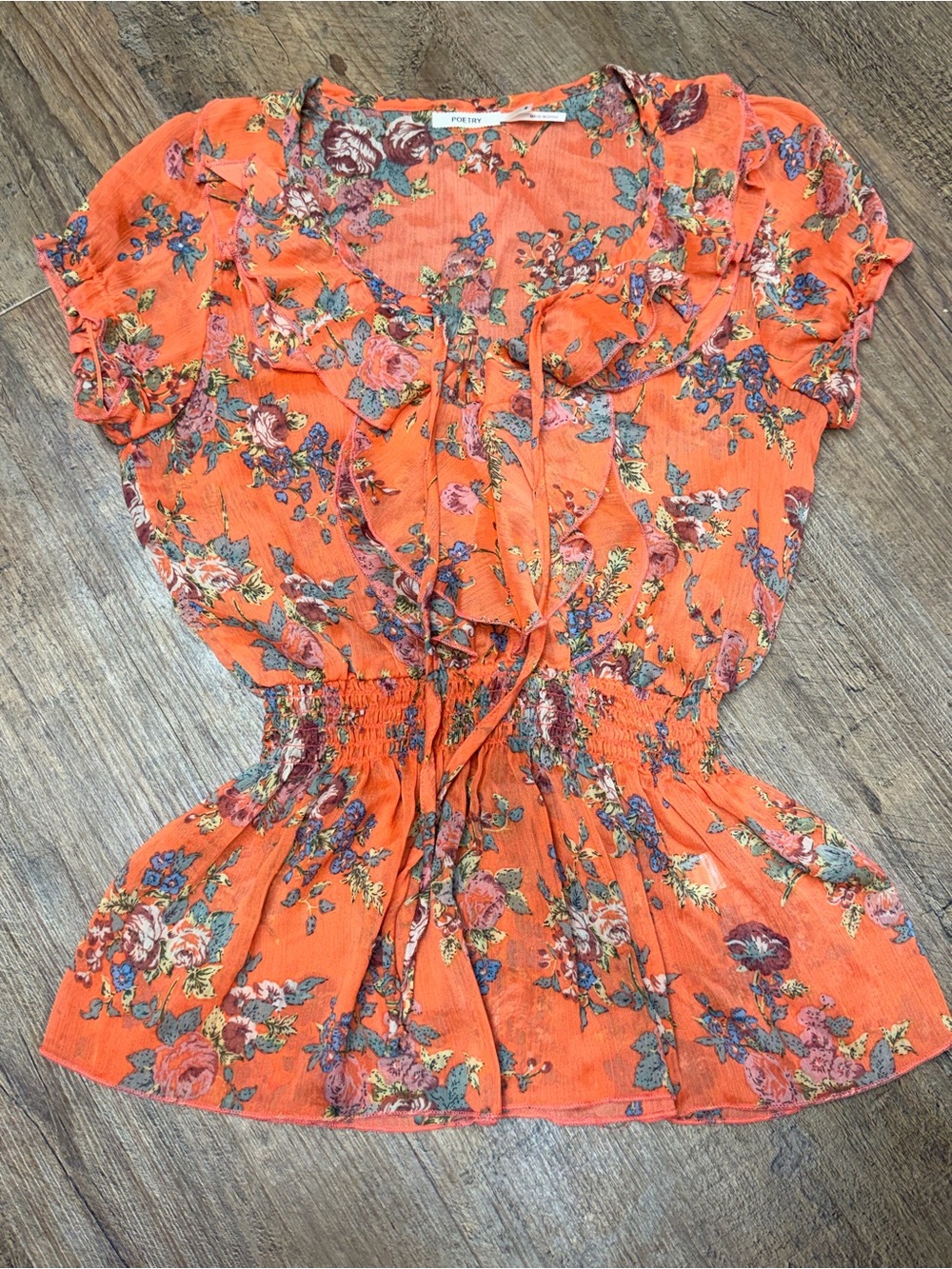 Poetry by Anthropologie Orange Floral Ruffle Tie-Neck Women's Top - size medium
